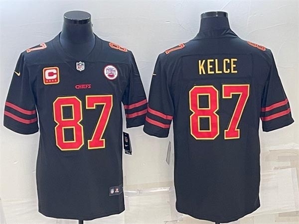 Men's Kansas City Chiefs #87 Travis Kelce Black Red Gold 4-Star C Patch Vapor Untouchable Limited Stitched Jersey