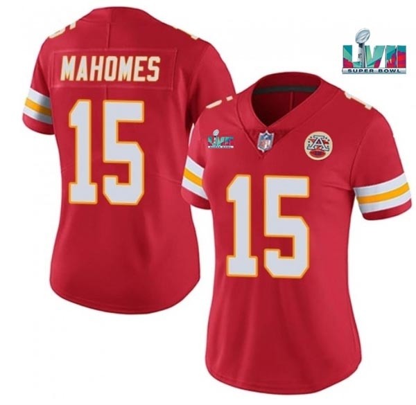 Women's Kansas City Chiefs #15 Patrick Mahomes Red 2023 Super Bowl LVII Patch Vapor Stitched Jersey(Run Small)