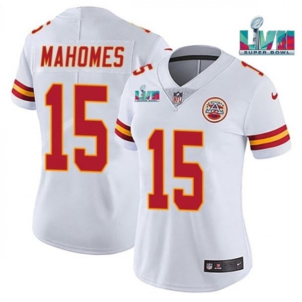 Women's Kansas City Chiefs #15 Patrick Mahomes White 2023 Super Bowl LVII Patch Vapor Stitched Jersey(Run Small)