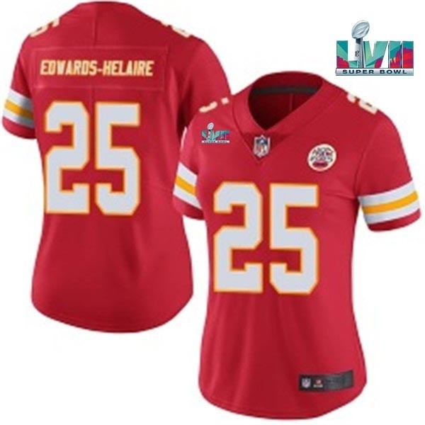 Women's Kansas City Chiefs #25 Clyde Edwards-Helaire Red 2023 Super Bowl LVII Patch Vapor Stitched Jersey(Run Small)