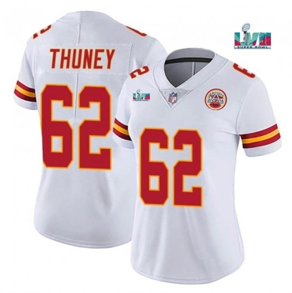 Women's Kansas City Chiefs #62 Joe Thuney White 2023 Super Bowl LVII Patch Vapor Stitched Jersey(Run Small)