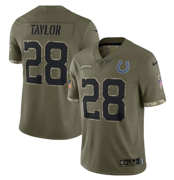 Men's Indianapolis Colts #28 Jonathan Taylor Olive 2022 Salute To Service Limited Stitched Jersey