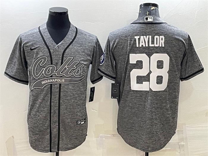 Men's Indianapolis Colts #28 Jonathan Taylor Grey With Patch Cool Base Stitched Baseball Jersey