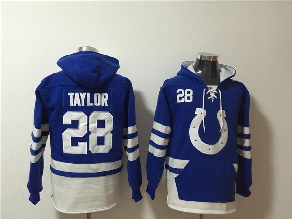 Men's Indianapolis Colts #28 Jonathan Taylor Blue White Ageless Must-Have Lace-Up Pullover Hoodie