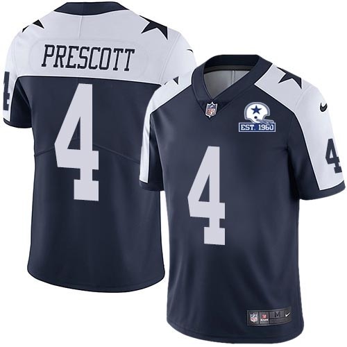 Men's Dallas Cowboys #4 Dak Prescott Navy Blue Thanksgiving Stitched With Established In 1960 Patch NFL Vapor Untouchable Limited Throwback Jersey