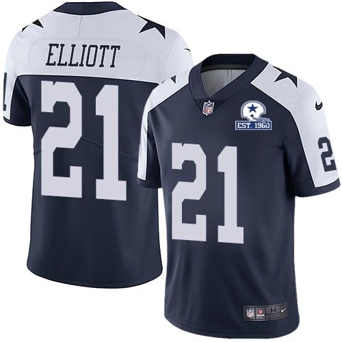 Men's Dallas Cowboys #21 Ezekiel Elliott Navy Blue Thanksgiving Men's Stitched With Established In 1960 Patch NFL Vapor Untouchable Limited Throwback Jersey