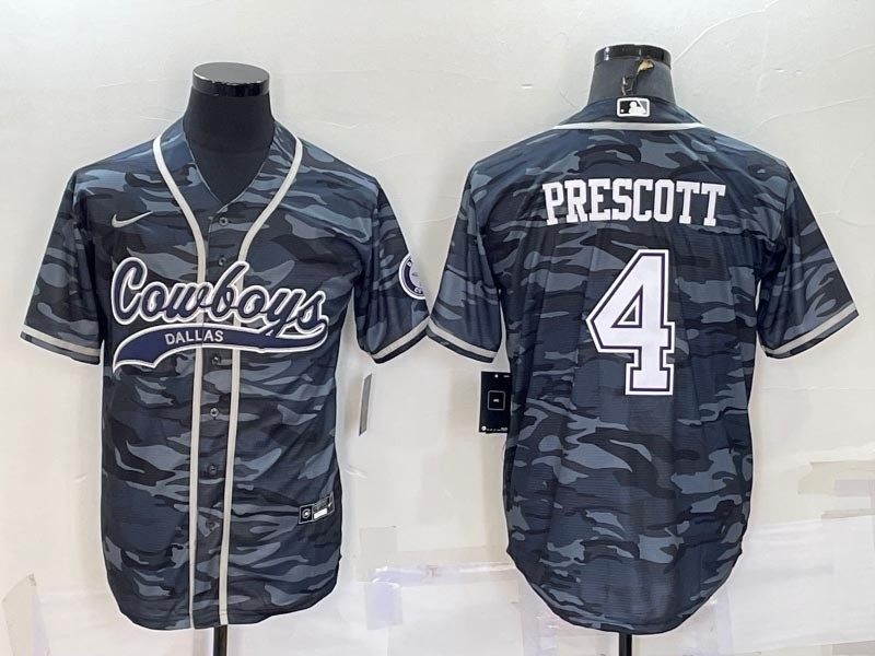 NFL Dallas Cowboys #4 Dak Prescott Grey Camo With Patch Cool Base Stitched Baseball Jersey