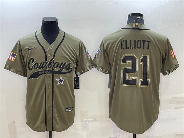 Men's Dallas Cowboys #21 Ezekiel Elliott 2022 Olive Salute To Service Cool Base Stitched Baseball Jersey