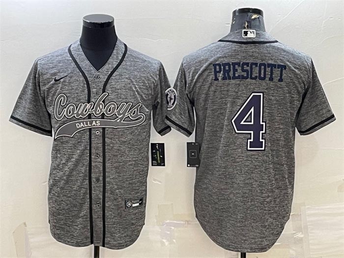 Men's Dallas Cowboys #4 Dak Prescott Grey With Patch Cool Base Stitched Baseball Jersey