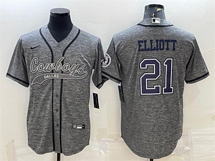 Men's Dallas Cowboys #21 Ezekiel Elliott Grey With Patch Cool Base Stitched Baseball Jersey