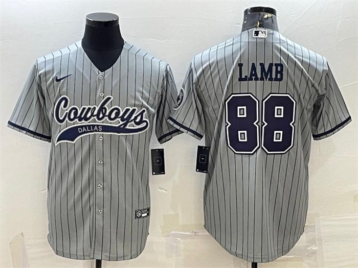 Men's Dallas Cowboys #88 CeeDee Lamb Grey Stripe With Patch Cool Base Stitched Baseball Jersey