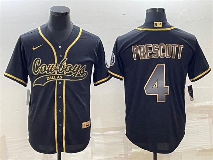 Men's Dallas Cowboys #4 Dak Prescott Black Gold With Patch Cool Base Stitched Baseball Jersey