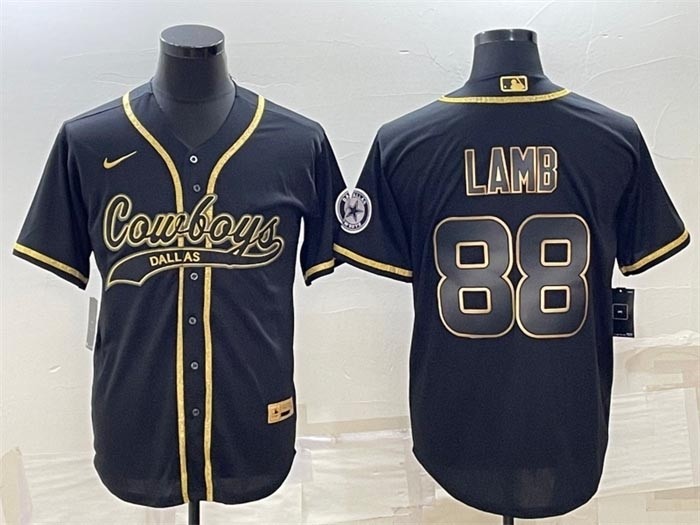 Men's Dallas Cowboys #88 CeeDee Lamb Black Gold With Patch Cool Base Stitched Baseball Jersey