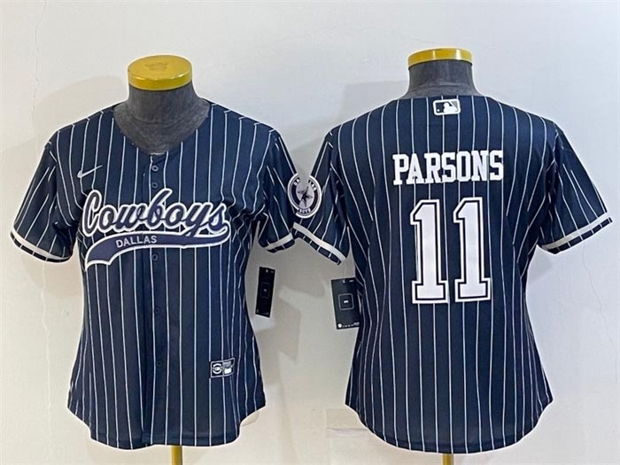 Women's Dallas Cowboys #11 Micah Parsons Navy Stripe With Patch Cool Base Stitched Baseball Jersey(Run Small)