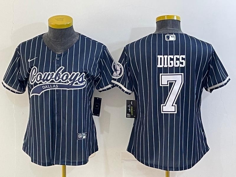 Women's Dallas Cowboys #7 Trevon Diggs Navy Stripe With Patch Cool Base Stitched Baseball Jersey(Run Small)