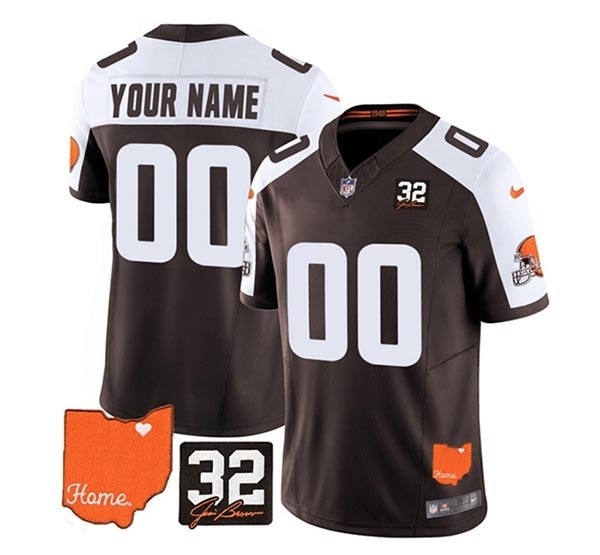 Men's Cleveland Browns Active Player Custom Brown White 2023 F.U.S.E. With Jim Brown Memorial Patch Vapor Untouchable Limited Stitched Jersey(Name and number remark in comment column)