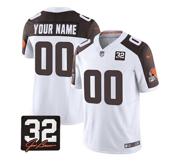 Men's Cleveland Browns Active Player Custom White Brown 2023 F.U.S.E. With Jim Brown Memorial Patch Vapor Untouchable Limited Stitched Jersey(Name and number remark in comment column)