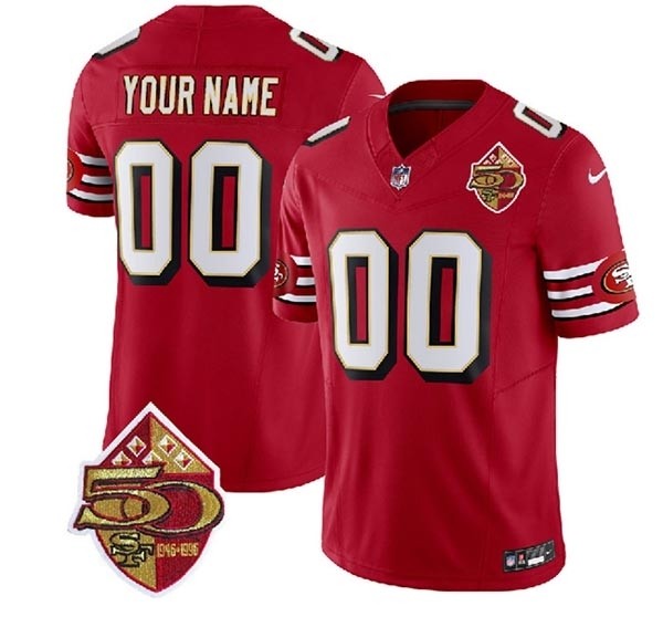 Men's San Francisco 49ers Active Player Custom Red 2023 F.U.S.E. 50th Patch Vapor Limited Stitched Football Jersey(Name and number remark in comment column)