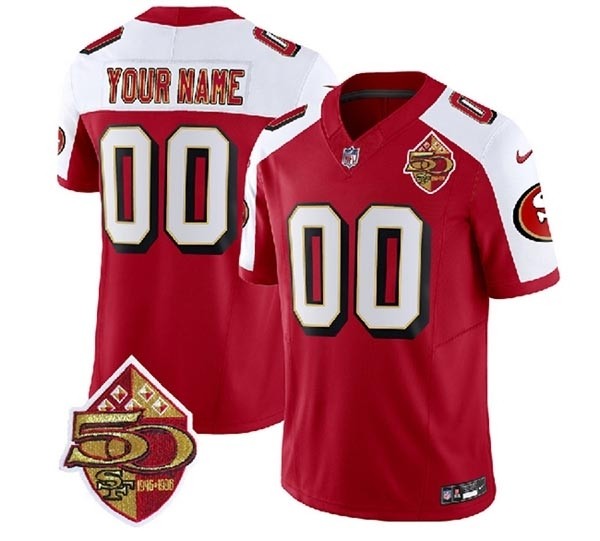 Men's San Francisco 49ers Active Player Custom Red White 2023 F.U.S.E. 50th Patch Throwback Stitched Football Jersey(Name and number remark in comment column)