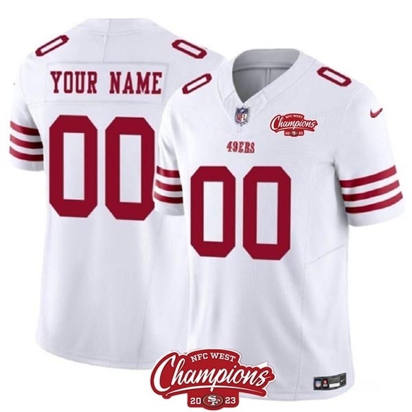 Men's San Francisco 49ers Active Player Custom White 2023 F.U.S.E. NFC West Champions Patch Stitched Football Jersey(Name and number remark in comment column)