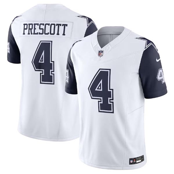 Men's Dallas Cowboys #4 Dak Prescott White with blue 2023 F.U.S.E. Vapor Limited Stitched Football Jersey