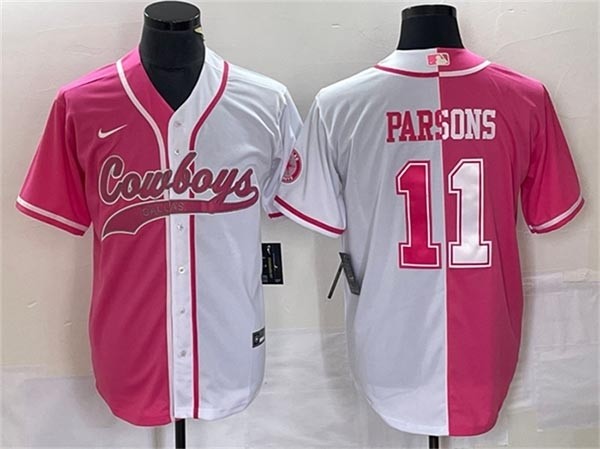 Men's Dallas Cowboys #11 Micah Parsons Pink White Split Cool Base Stitched Baseball Jersey