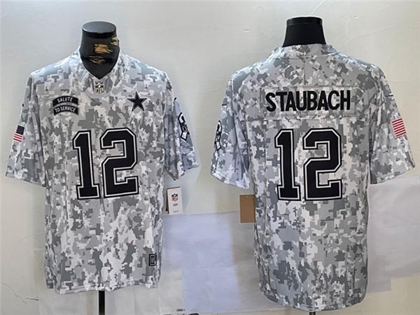 Men's Dallas Cowboys #12 Roger Staubach Arctic Camo 2024 Salute To Service Limited Jersey