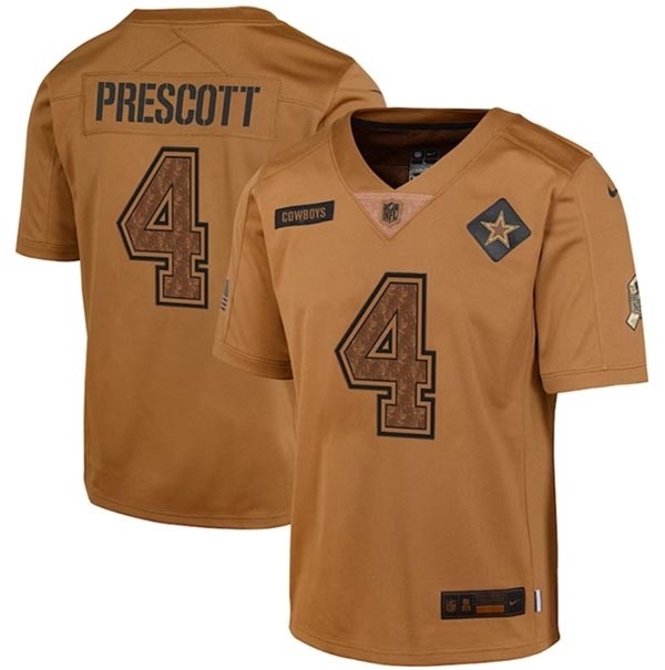 Youth Dallas Cowboys #4 Dak Prescott 2023 Brown Salute To Service Limited Stitched Football Jersey