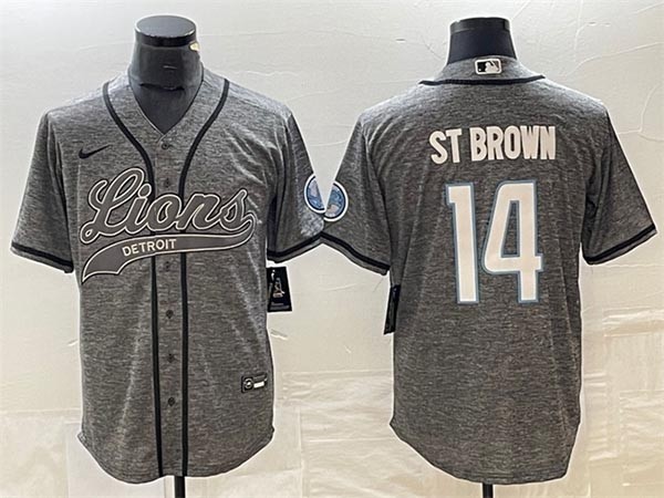 Men's Detroit Lions #14 Amon-Ra St. Brown Grey Cool Base Stitched Baseball Jersey