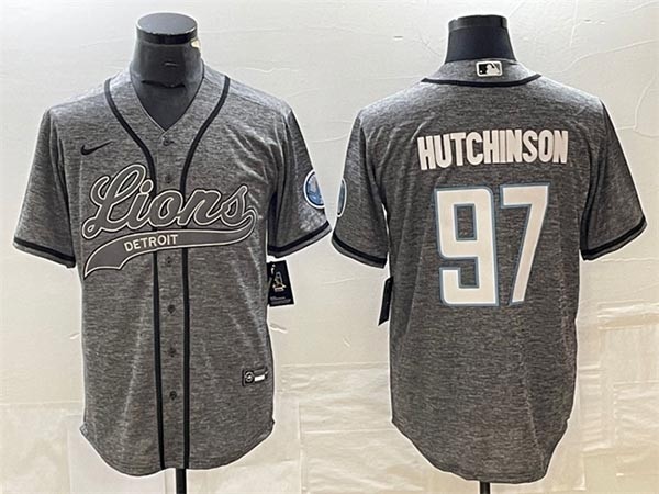 Men's Detroit Lions #97 Aidan Hutchinson Grey Cool Base Stitched Baseball Jersey