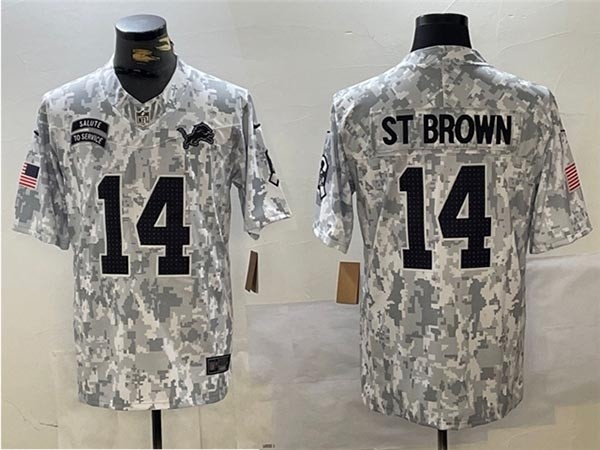 Men's Detroit Lions #14 Amon-Ra St. Brown Arctic Camo 2024 Salute To Service Limited Jersey