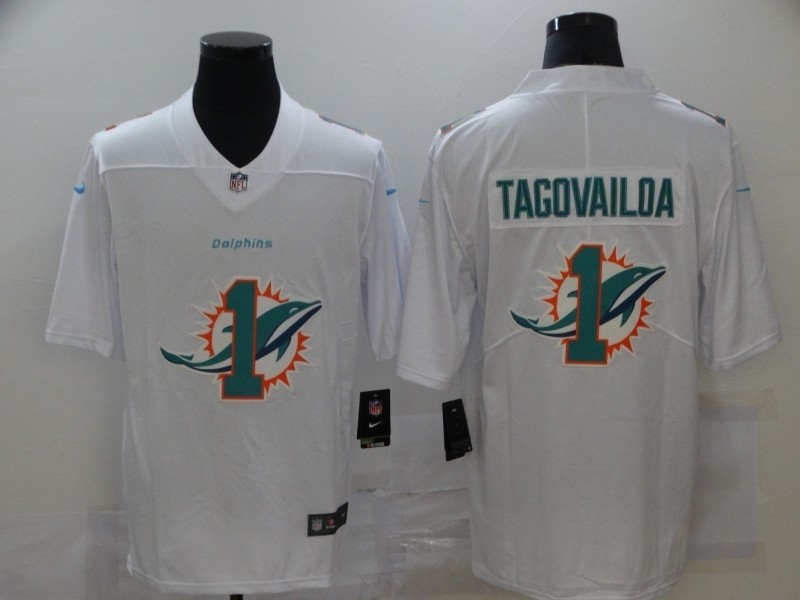 Nike Dolphins #1 Tua Tagovailoa White Shadow Logo Limited Jersey