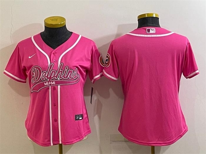 Women's Miami Dolphins Blank Pink With Patch Cool Base Stitched Baseball Jersey(Run Small)