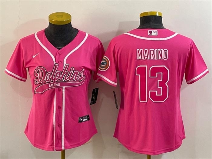 Women's Miami Dolphins #13 Dan Marino Pink With Patch Cool Base Stitched Baseball Jersey(Run Small)