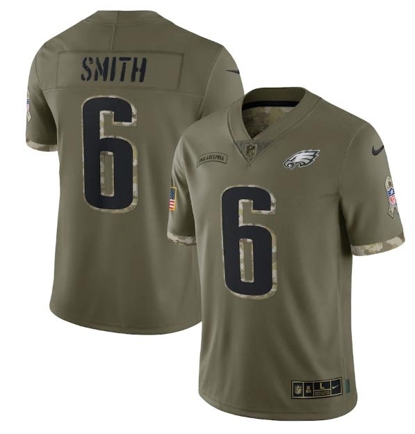 Men's Philadelphia Eagles #6 DeVonta Smith Olive 2022 Salute To Service Limited Stitched Jersey