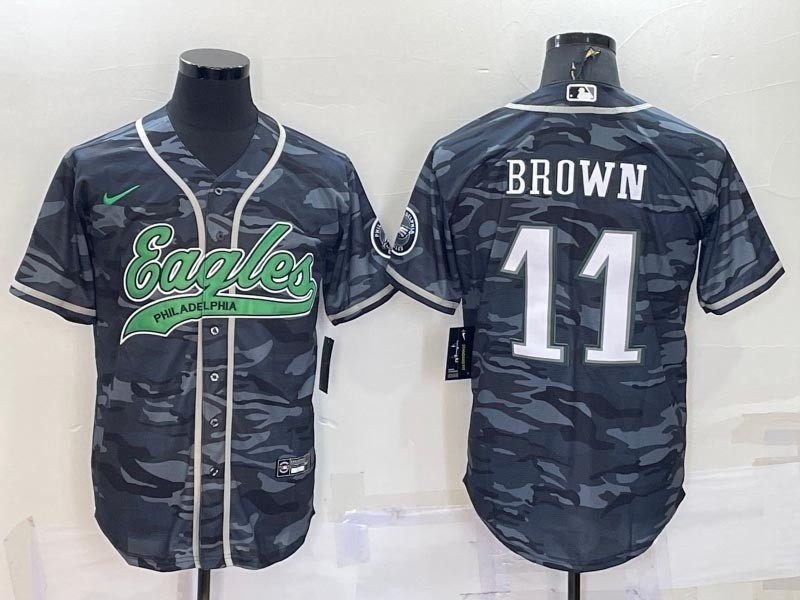 NFL Philadelphia Eagles #11 A. J. Brown Grey Camo With Patch Cool Base Stitched Baseball Jersey