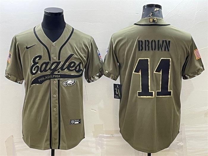 Men's Philadelphia Eagles #11 A. J. Brown Olive 2022 Salute To Service Cool Base Stitched Baseball Jersey