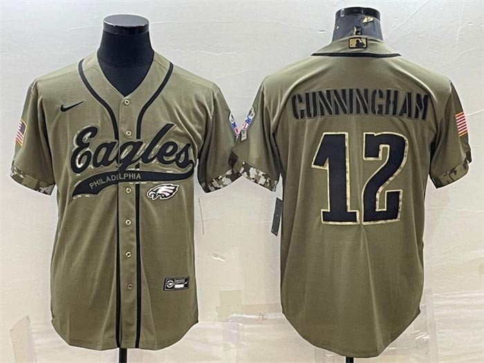 Men's Philadelphia Eagles #12 Randall Cunningham Olive 2022 Salute To Service Cool Base Stitched Baseball Jersey