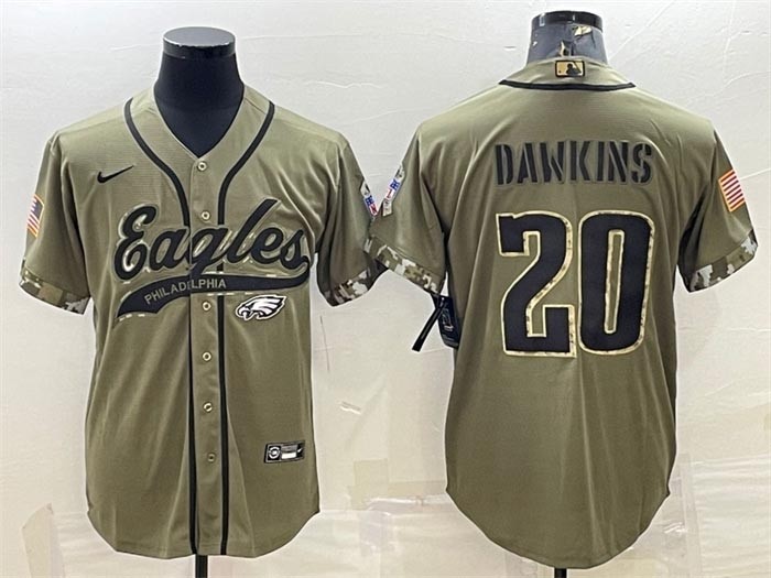 Men's Philadelphia Eagles #20 Brian Dawkins Olive 2022 Salute To Service Cool Base Stitched Baseball Jersey