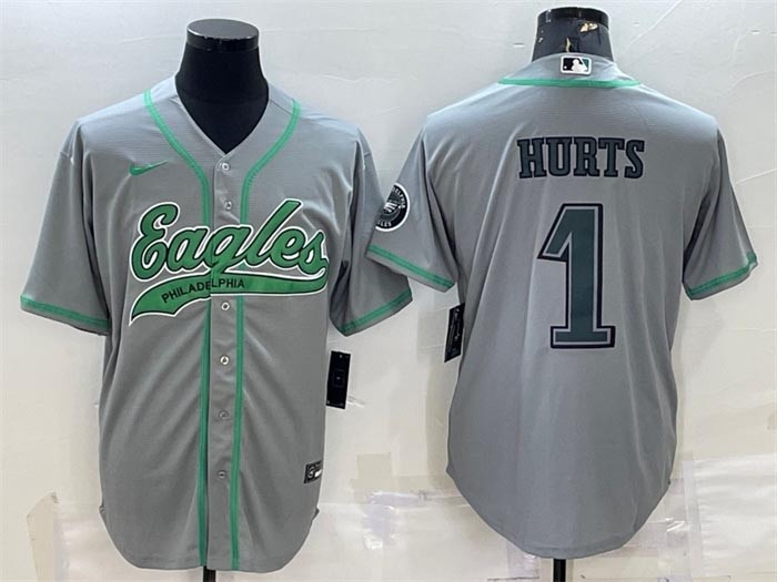 Men's Philadelphia Eagles #1 Jalen Hurts Grey With Patch Cool Base Stitched Baseball Jerseys