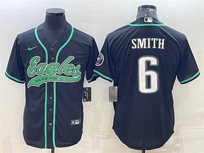 Men's Philadelphia Eagles #6 DeVonta Smith Black With Patch Cool Base Stitched Baseball Jersey