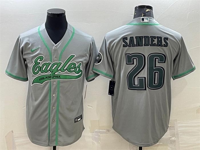 Men's Philadelphia Eagles #26 Miles Sanders Gray With Patch Cool Base Stitched Baseball Jersey