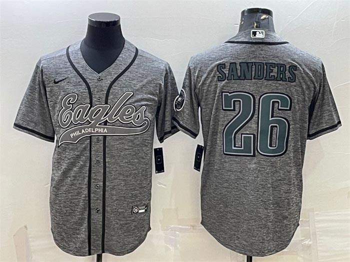 Men's Philadelphia Eagles #26 Miles Sanders Heather Gray With Patch Cool Base Stitched Baseball Jersey