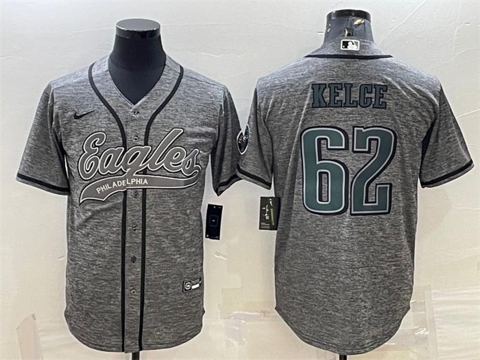 Men's Philadelphia Eagles #62 Jason Kelce Heather Gray With Patch Cool Base Stitched Baseball Jersey