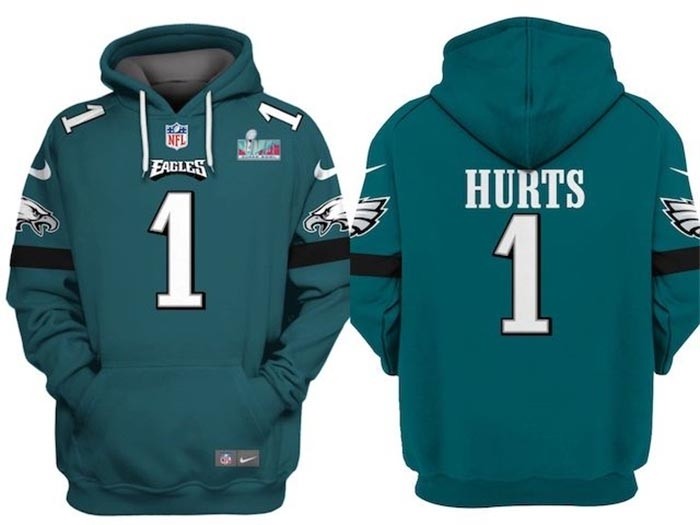 Men's Philadelphia Eagles #1 Jalen Hurts Green Super Bowl LVII Patch Pullover Hoodie