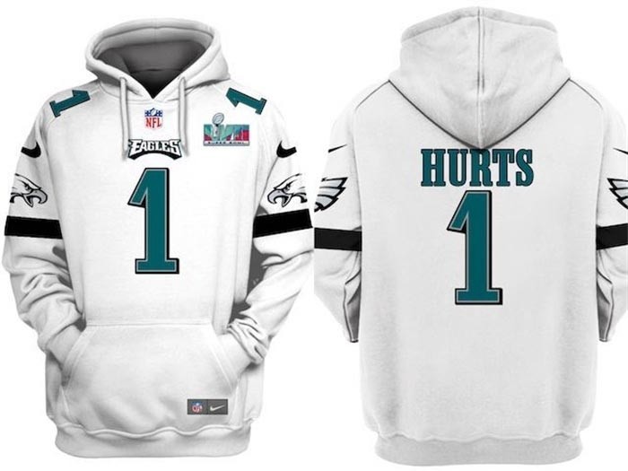 Men's Philadelphia Eagles #1 Jalen Hurts White Super Bowl LVII Patch Pullover Hoodie