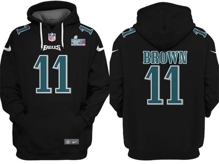 Men's Philadelphia Eagles #11 A.J. Brown Black Super Bowl LVII Patch Pullover Hoodie