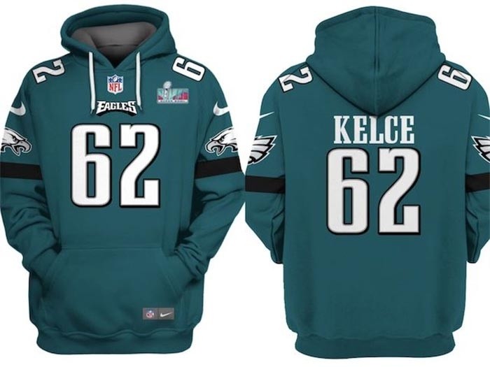 Men's Philadelphia Eagles #62 Jason Kelce Green Super Bowl LVII Patch Pullover Hoodie