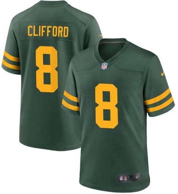 Men's Green Bay Packers #8 Sean Clifford Green with Yellow Number Stitched Game Jersey