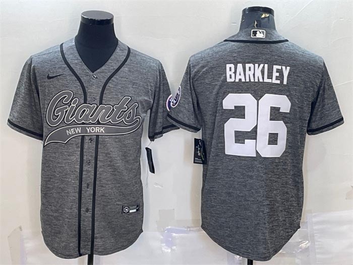 Men's New York Giants #26 Saquon Barkley Grey With Patch Cool Base Stitched Baseball Jersey